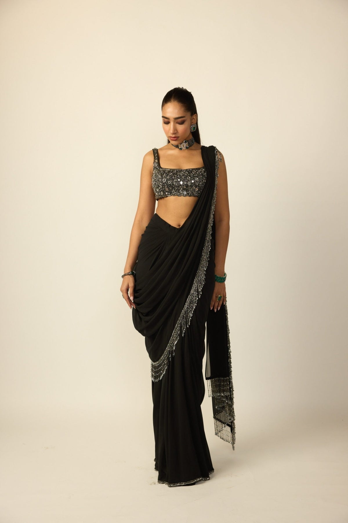 Black Georgette Tassel Saree - Vvani