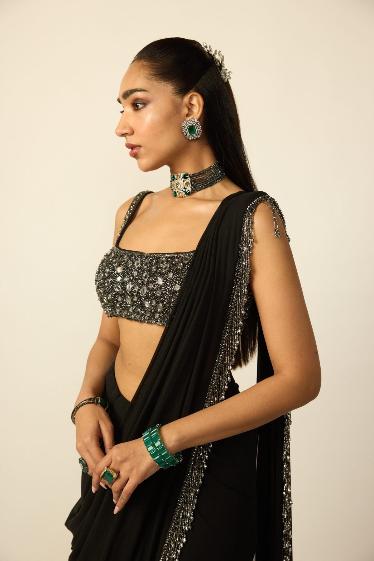 Black Georgette Tassel Saree - Vvani