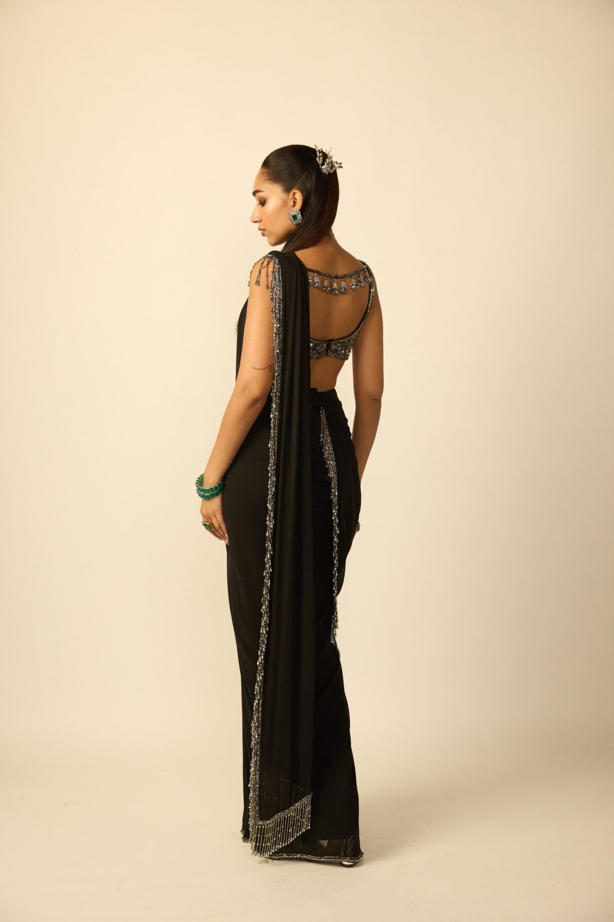 Black Georgette Tassel Saree - Vvani