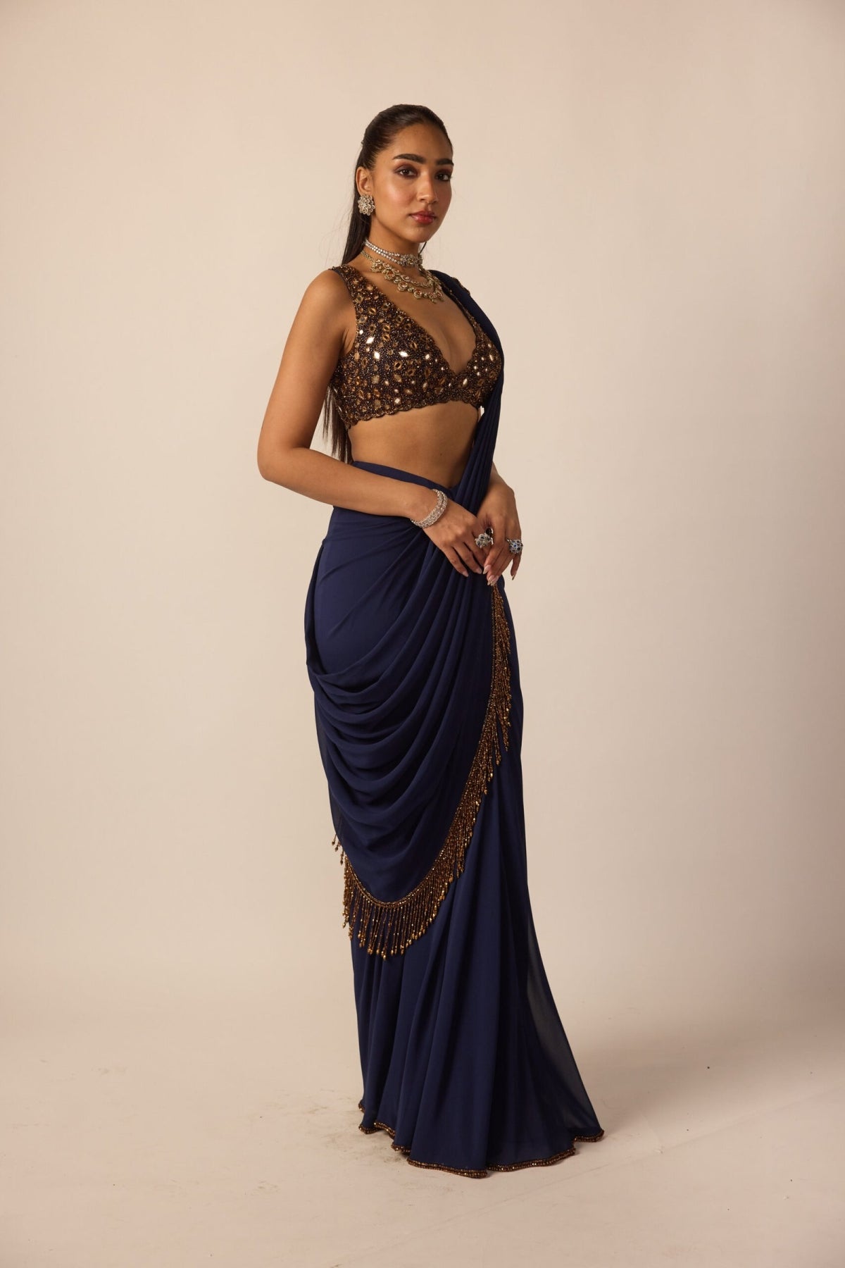 Deep Blue Georgette Tassel Saree - Vvani