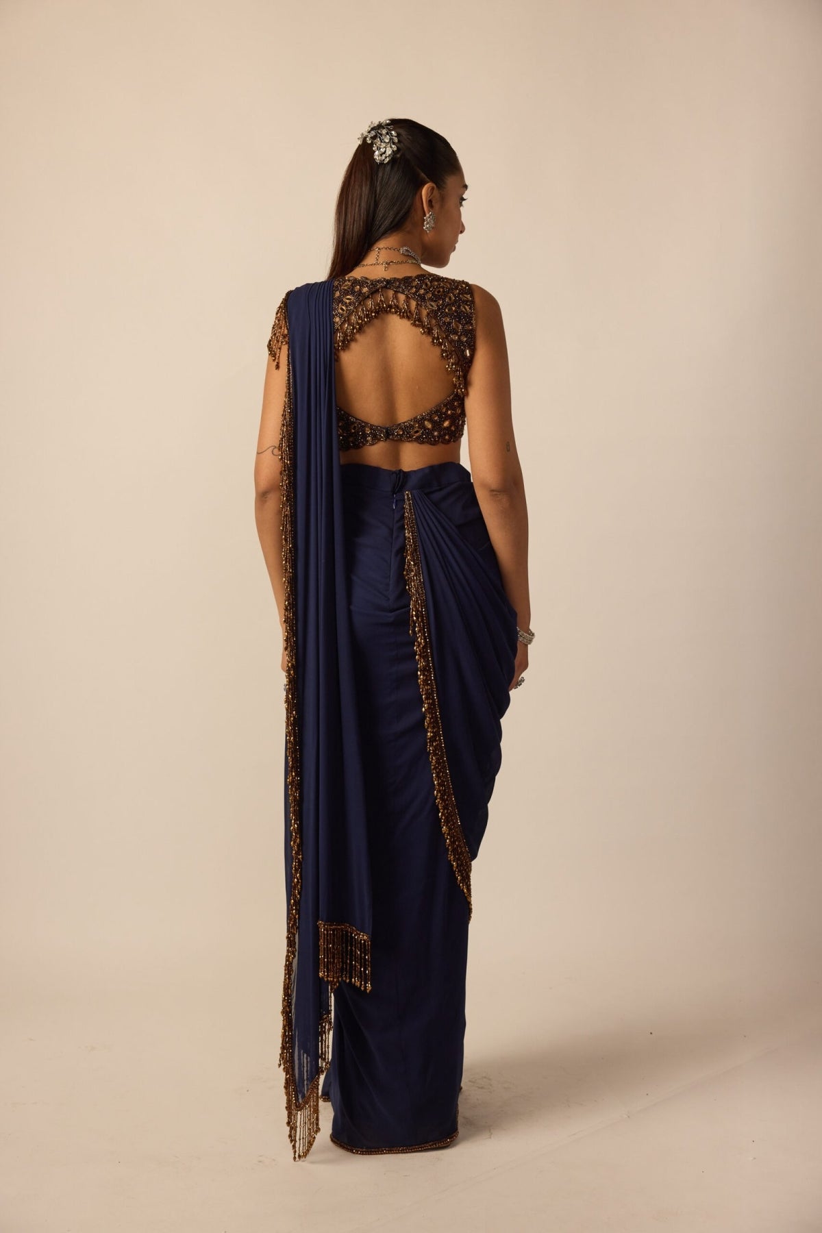 Deep Blue Georgette Tassel Saree - Vvani