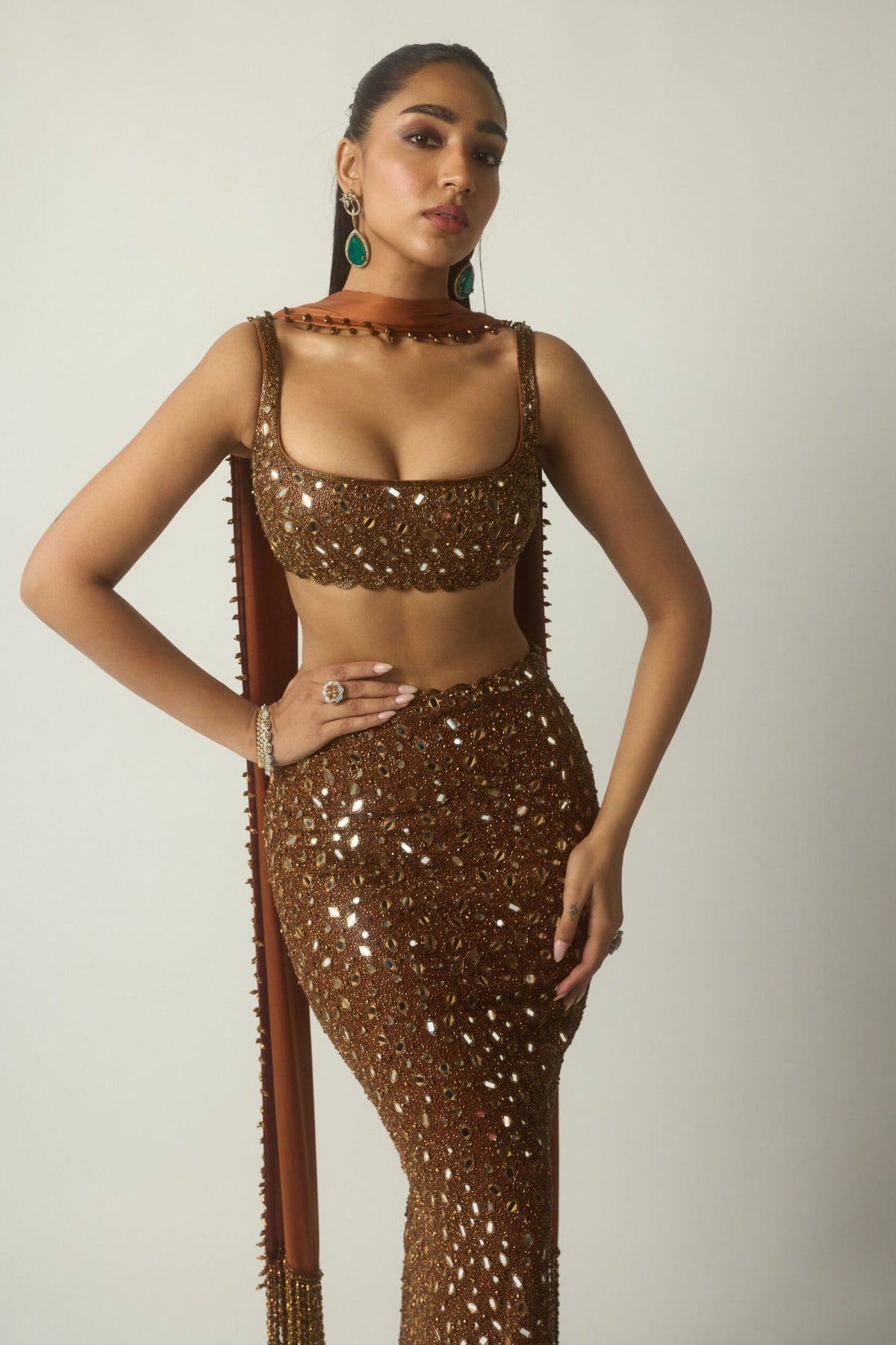 Metallic Copper Pencil Skirt Set - Vvani