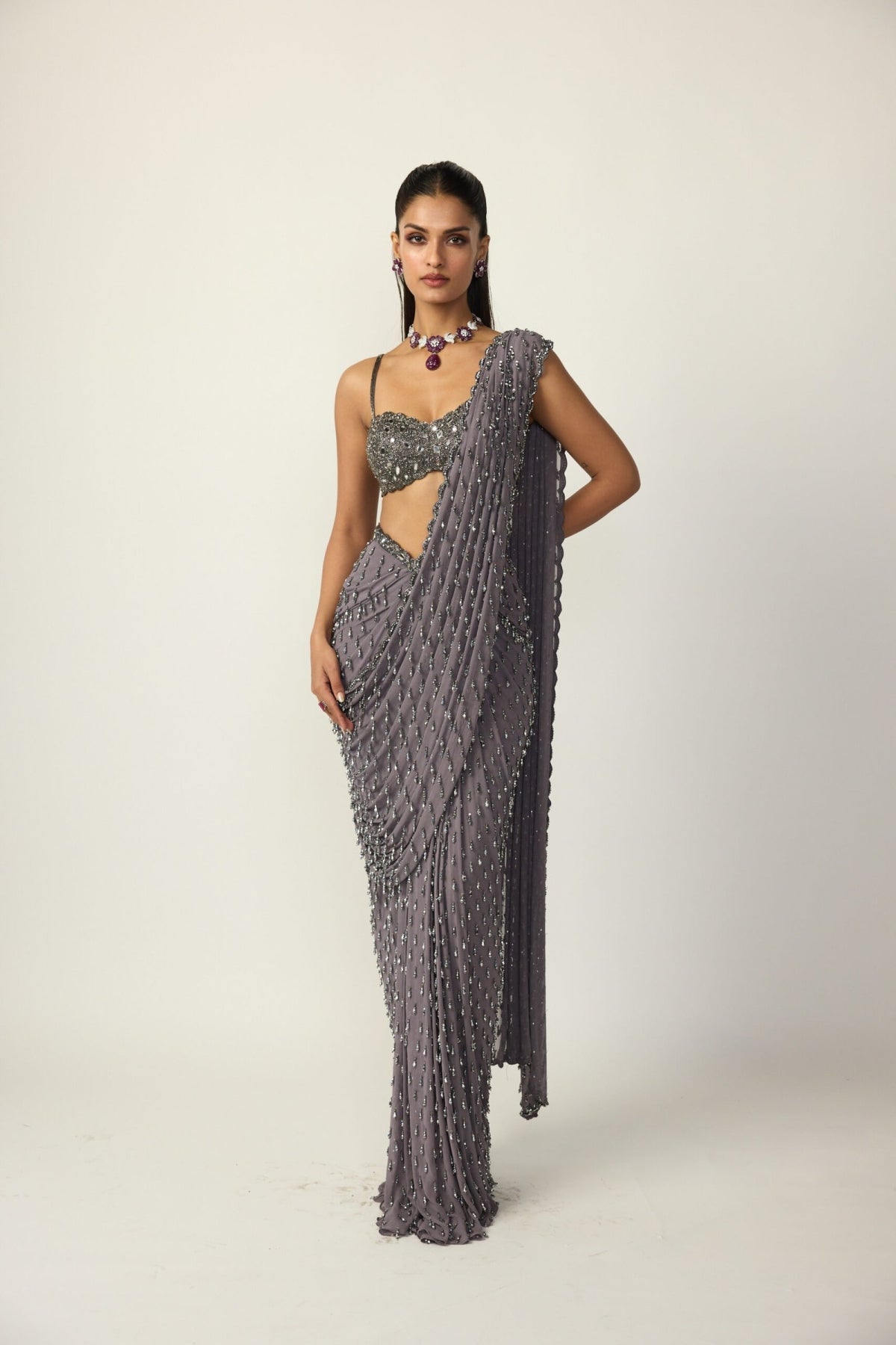 Metallic Grey Single Drop Draped Saree Set - Vvani