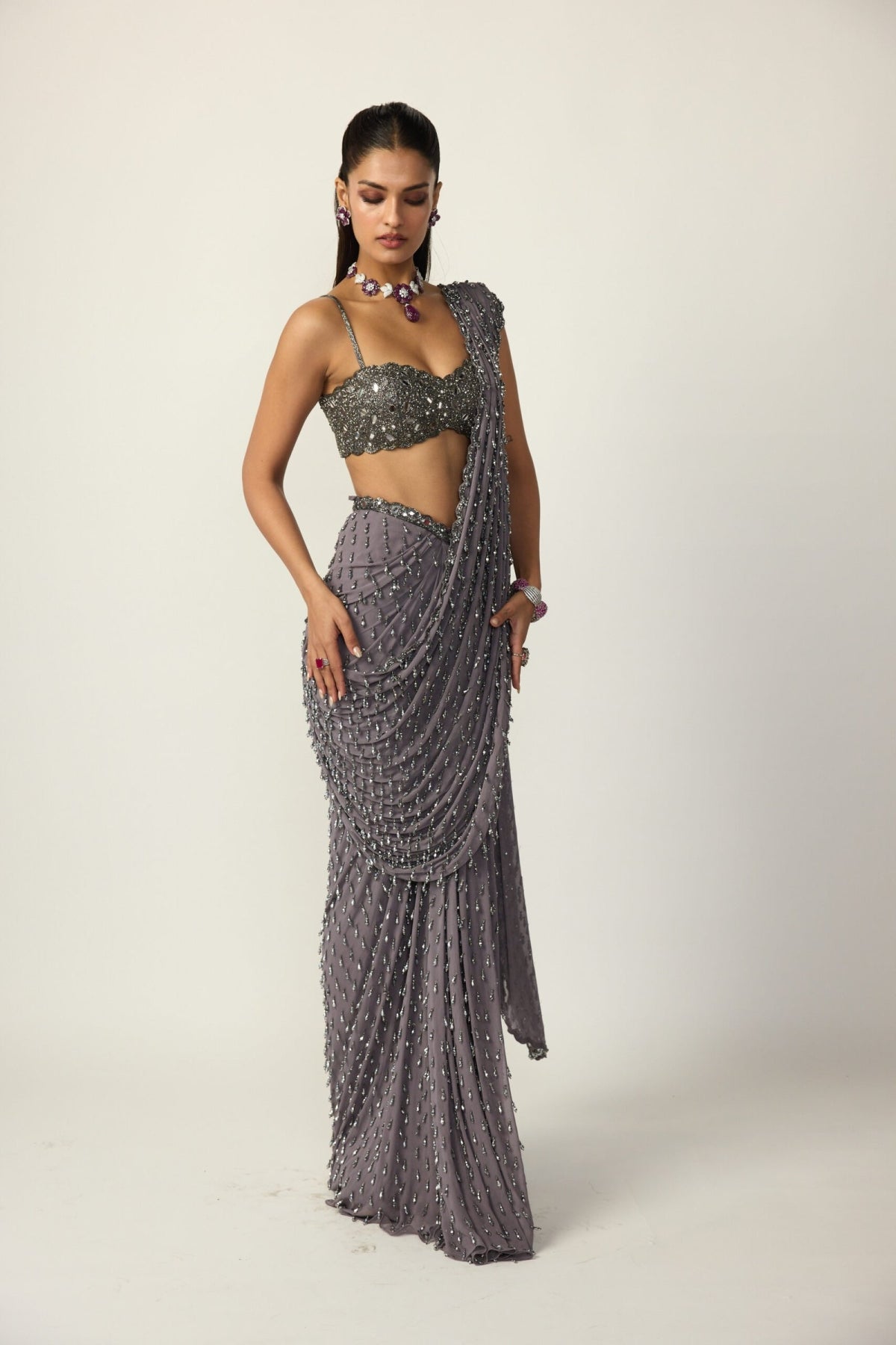 Metallic Grey Single Drop Draped Saree Set - Vvani