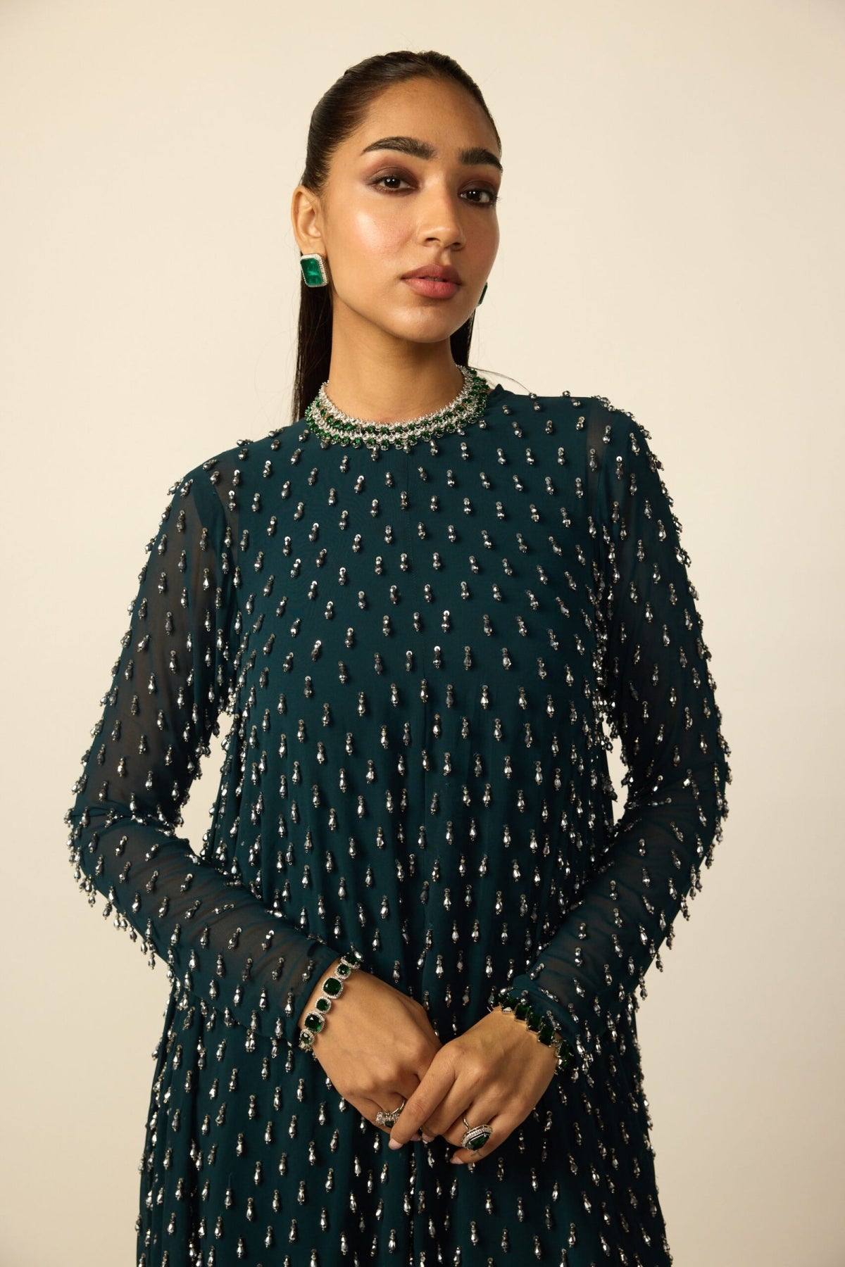 Dark Teal Silver Drop Kurta With Stole - Vvani