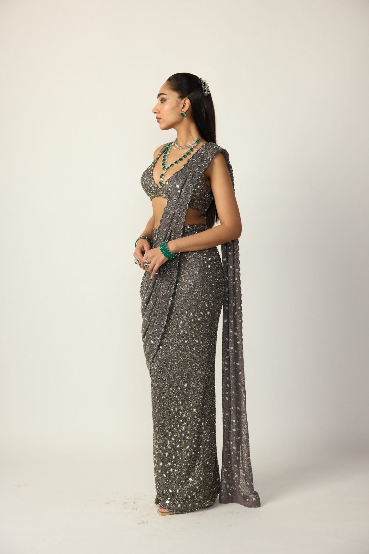 Metallic Grey Draped Saree Set - Vvani