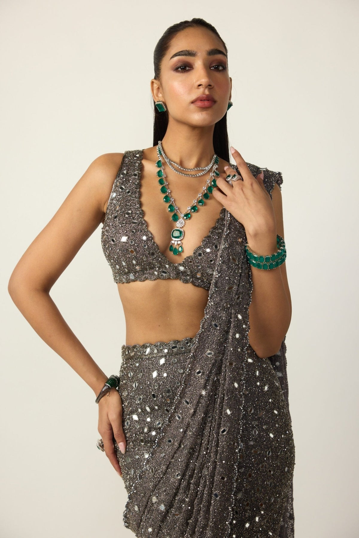 Metallic Grey Draped Saree Set - Vvani