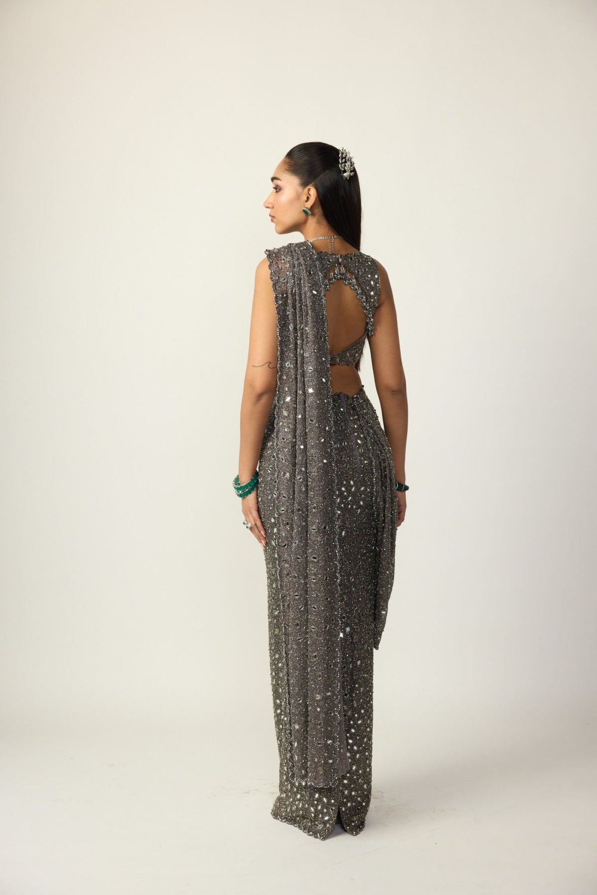Metallic Grey Draped Saree Set - Vvani