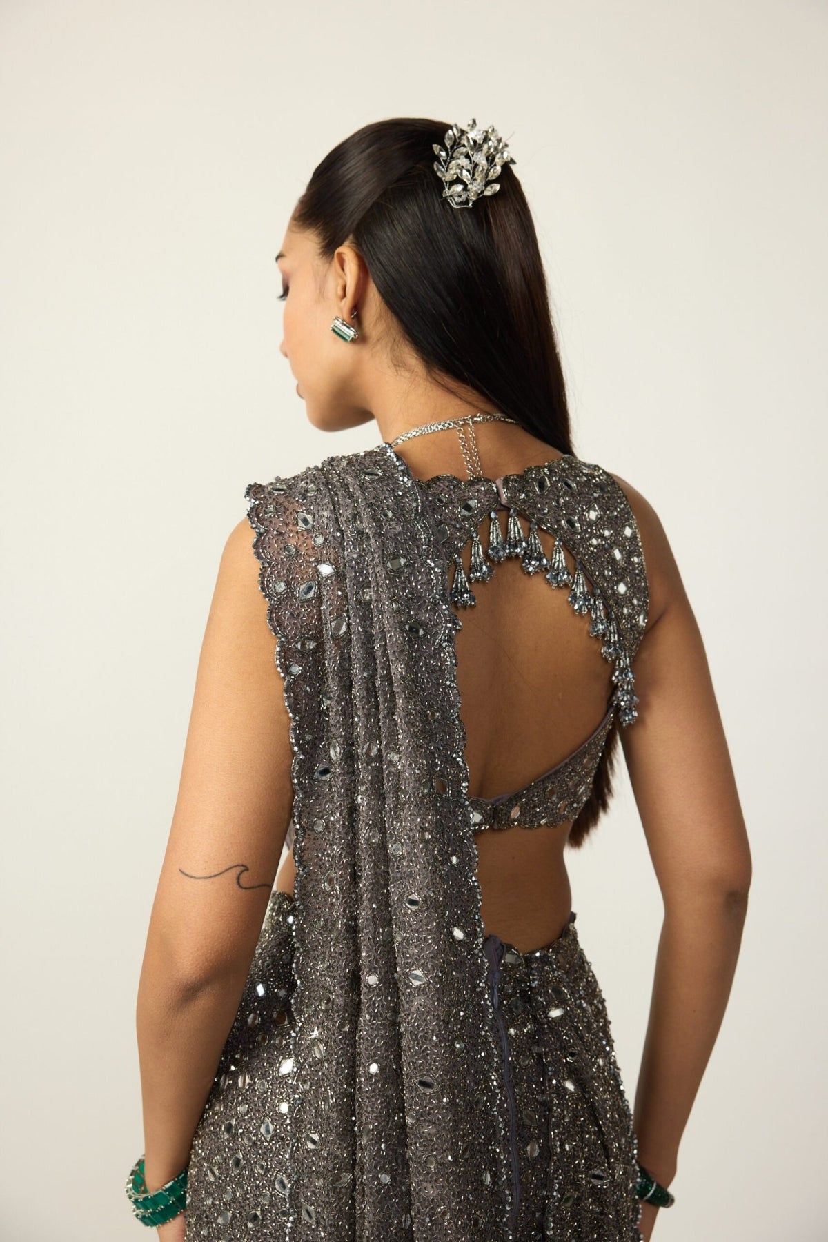 Metallic Grey Draped Saree Set - Vvani