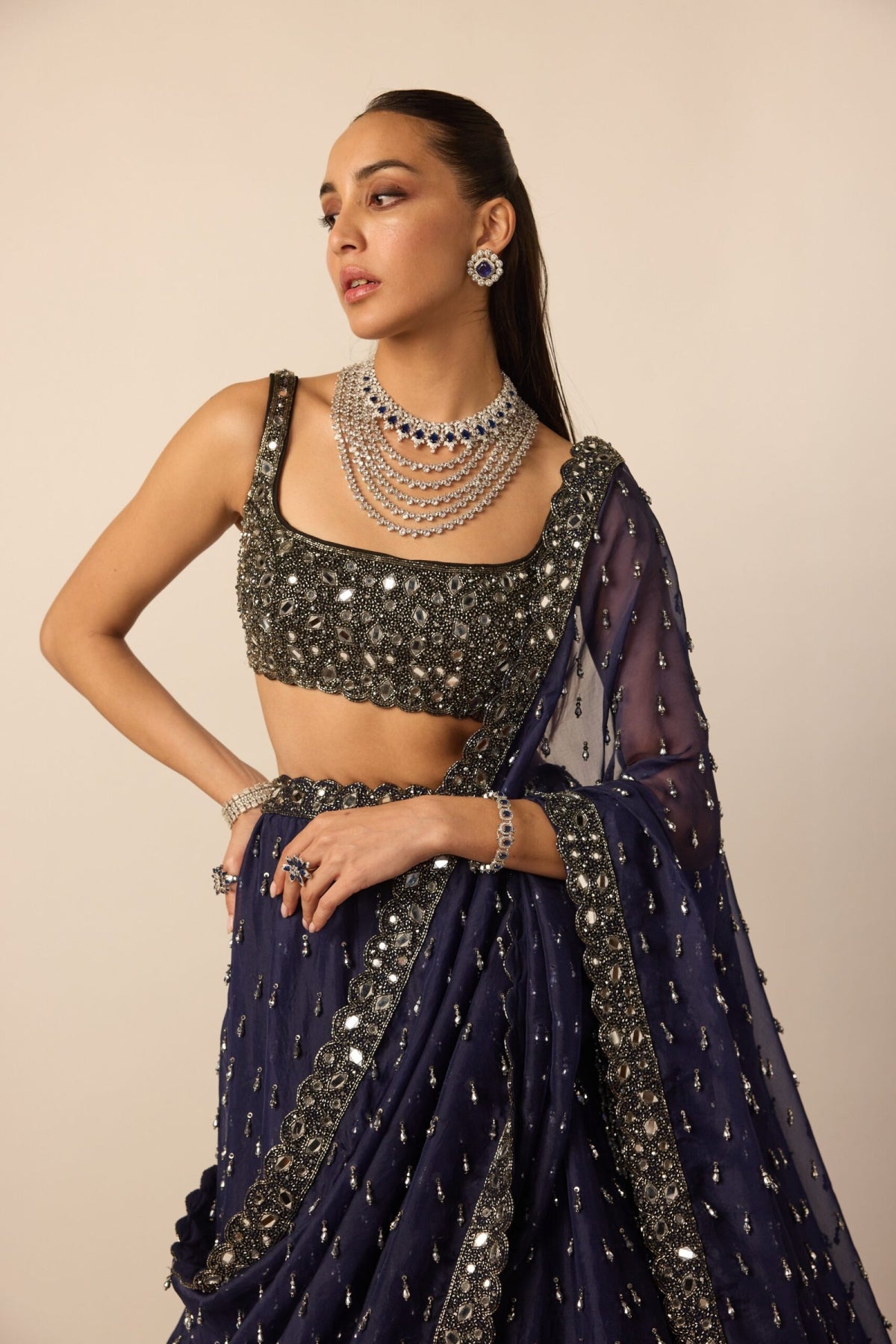 Deep Blue Single Drop Lehenga Set - Vvani