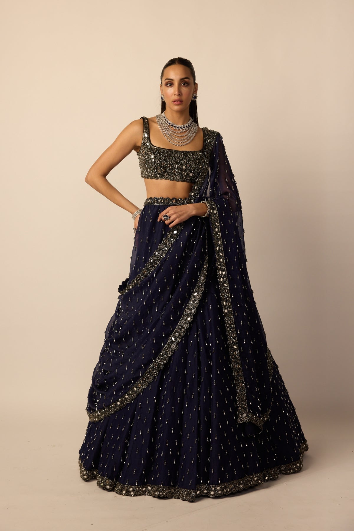 Deep Blue Single Drop Lehenga Set - Vvani