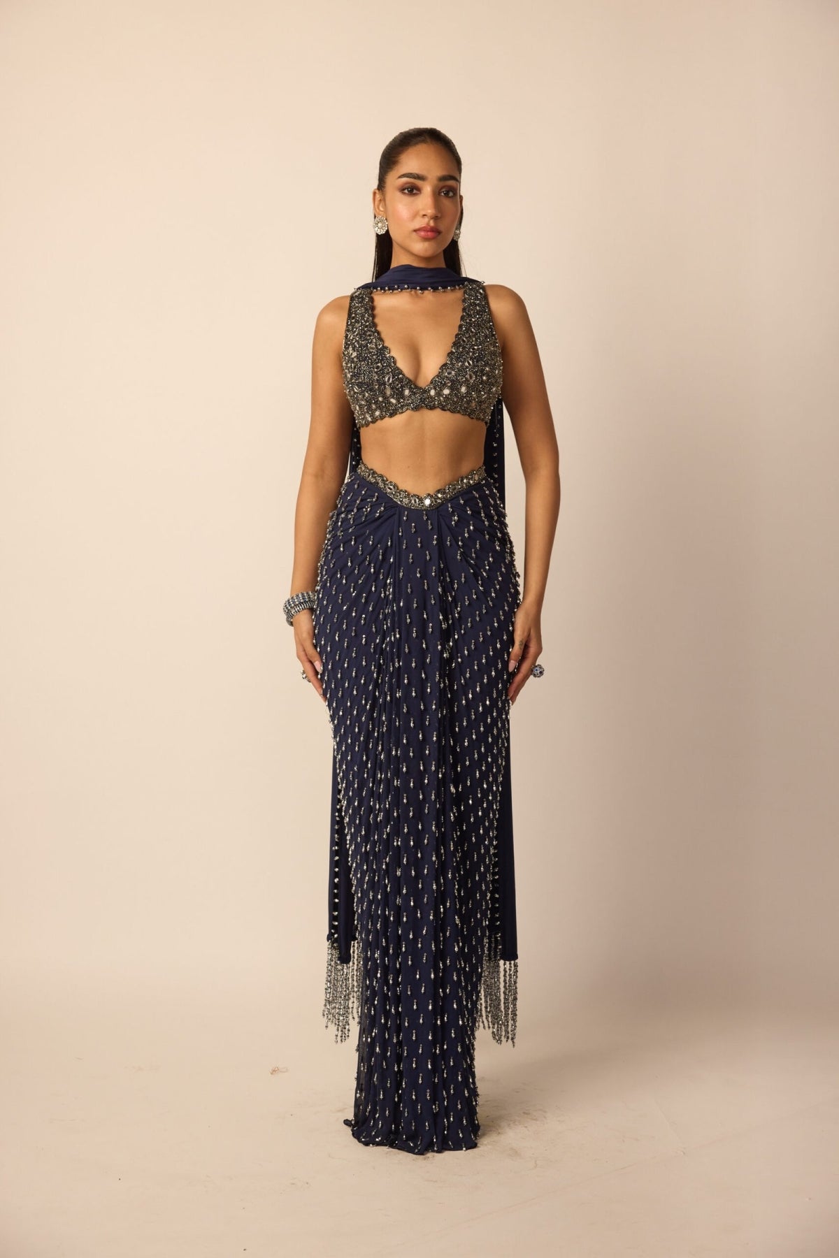 Deep Blue Single Drop Draped Skirt - Vvani