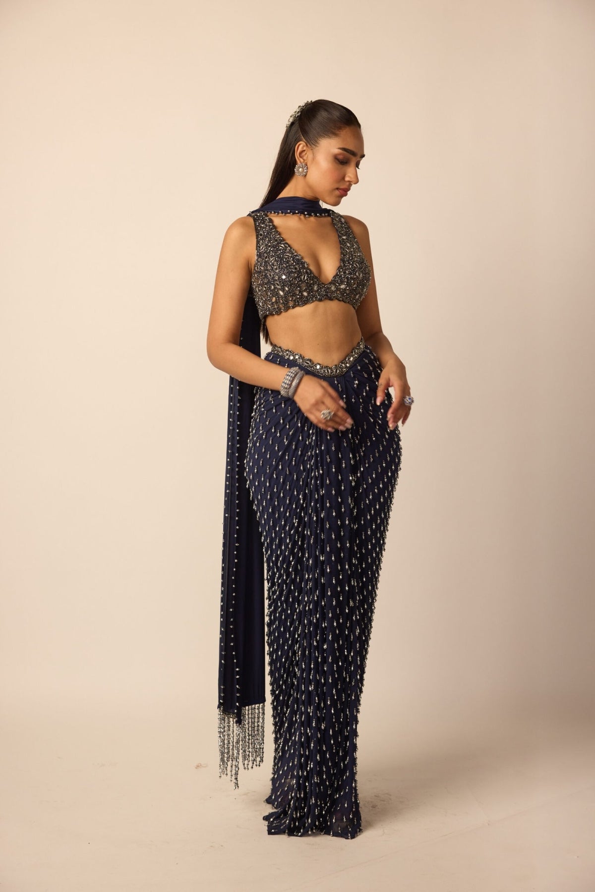 Deep Blue Single Drop Draped Skirt - Vvani