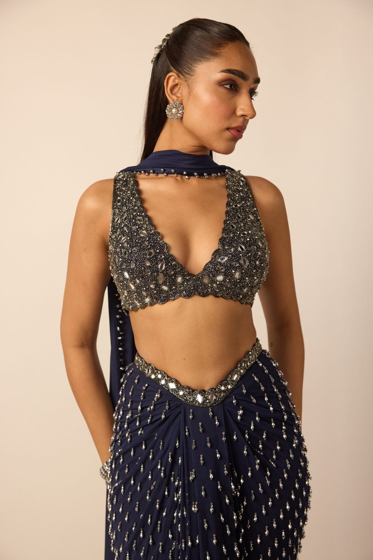 Deep Blue Single Drop Draped Skirt - Vvani