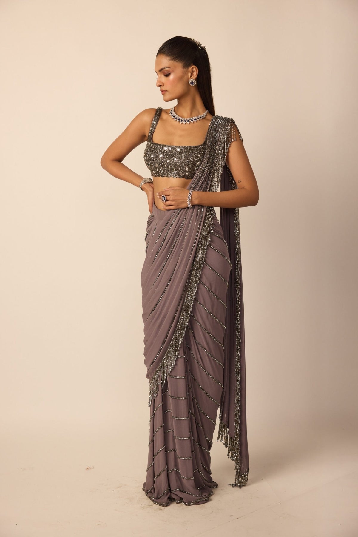 Metallic Grey Linear Draped Saree - Vvani