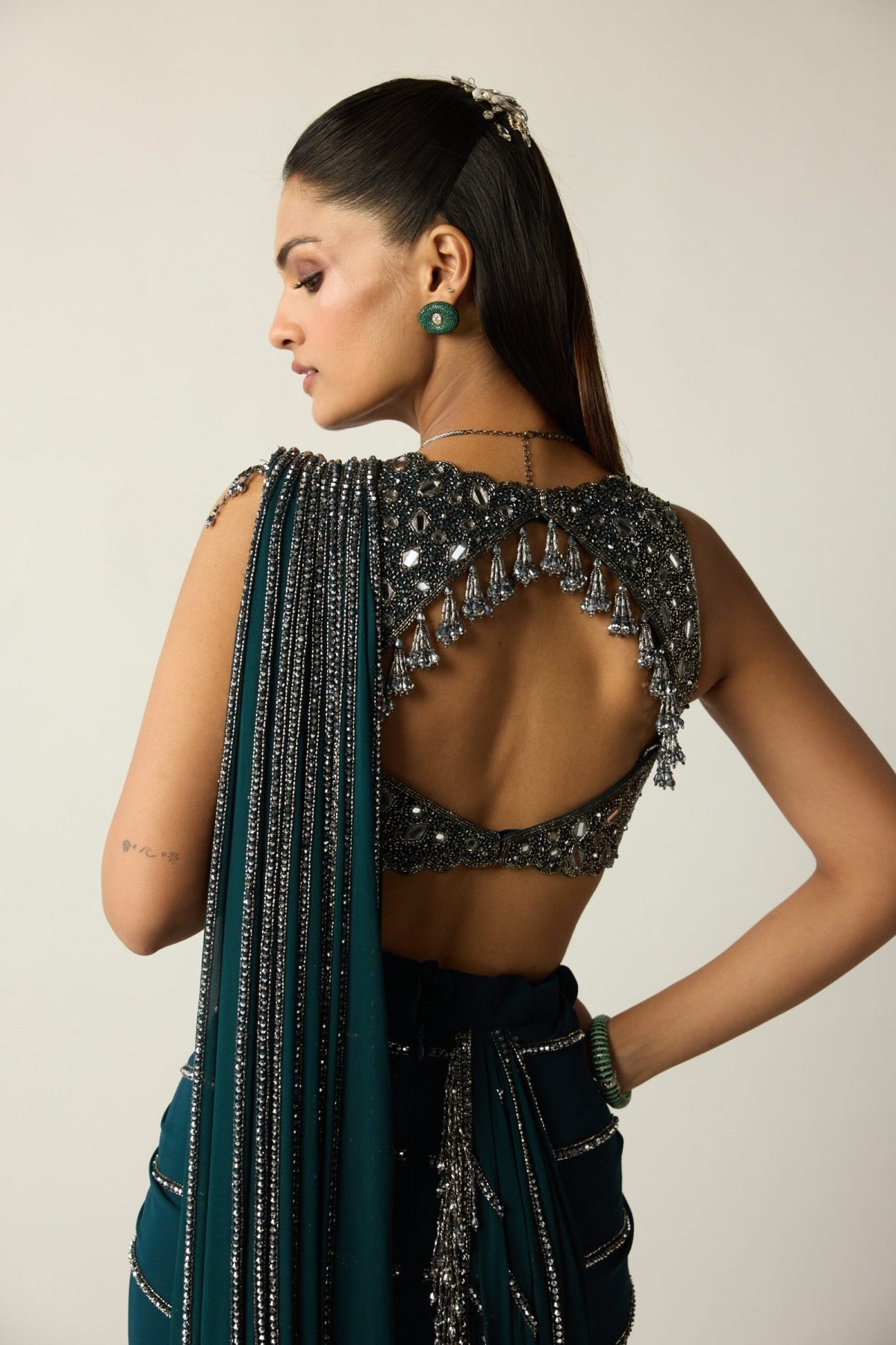 Dark Teal Linear Draped Saree - Vvani