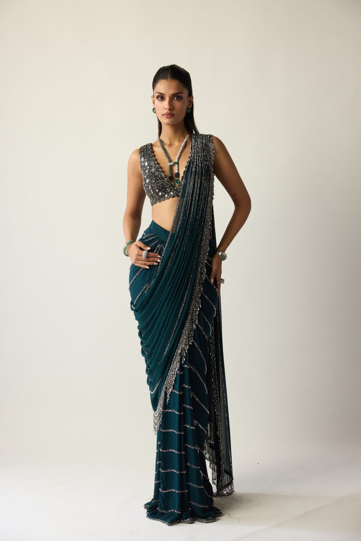 Dark Teal Linear Draped Saree - Vvani