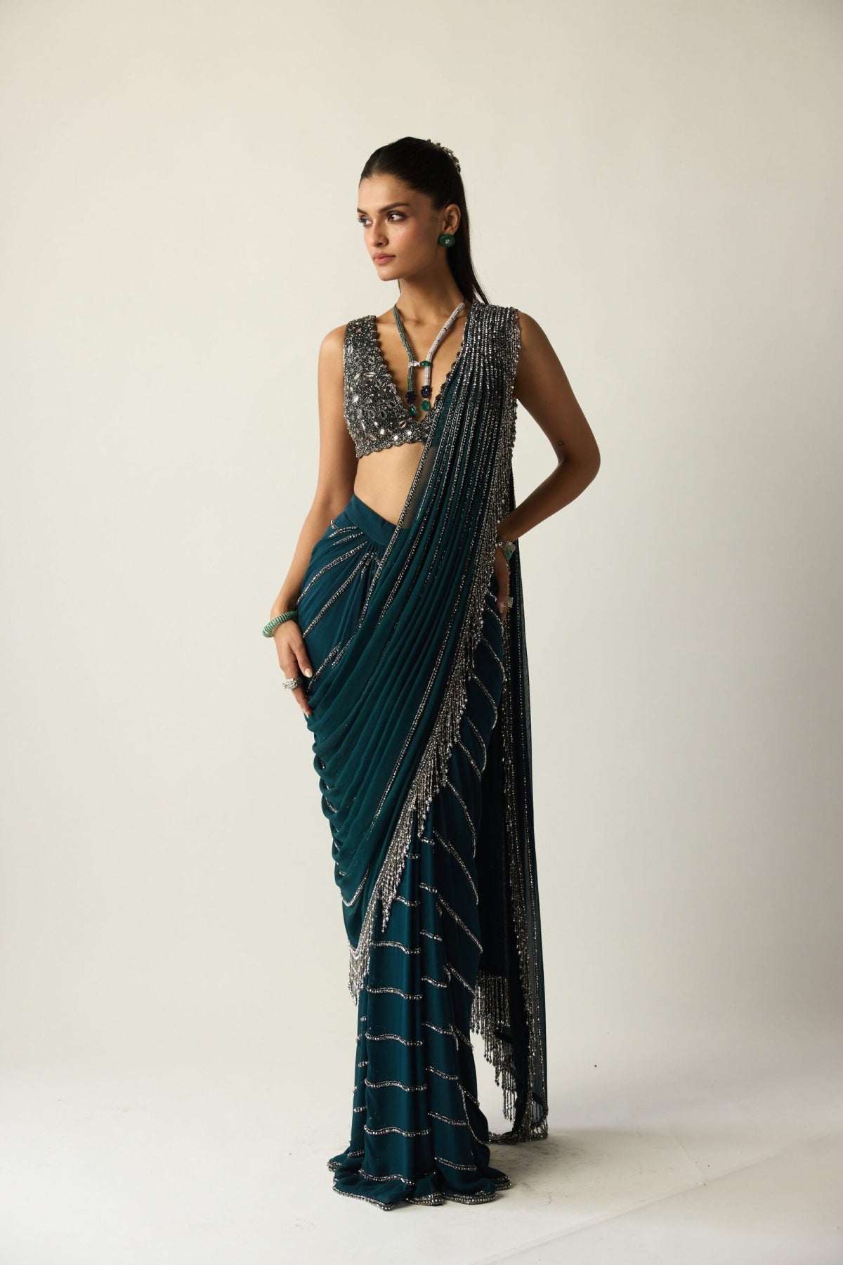 Dark Teal Linear Draped Saree - Vvani