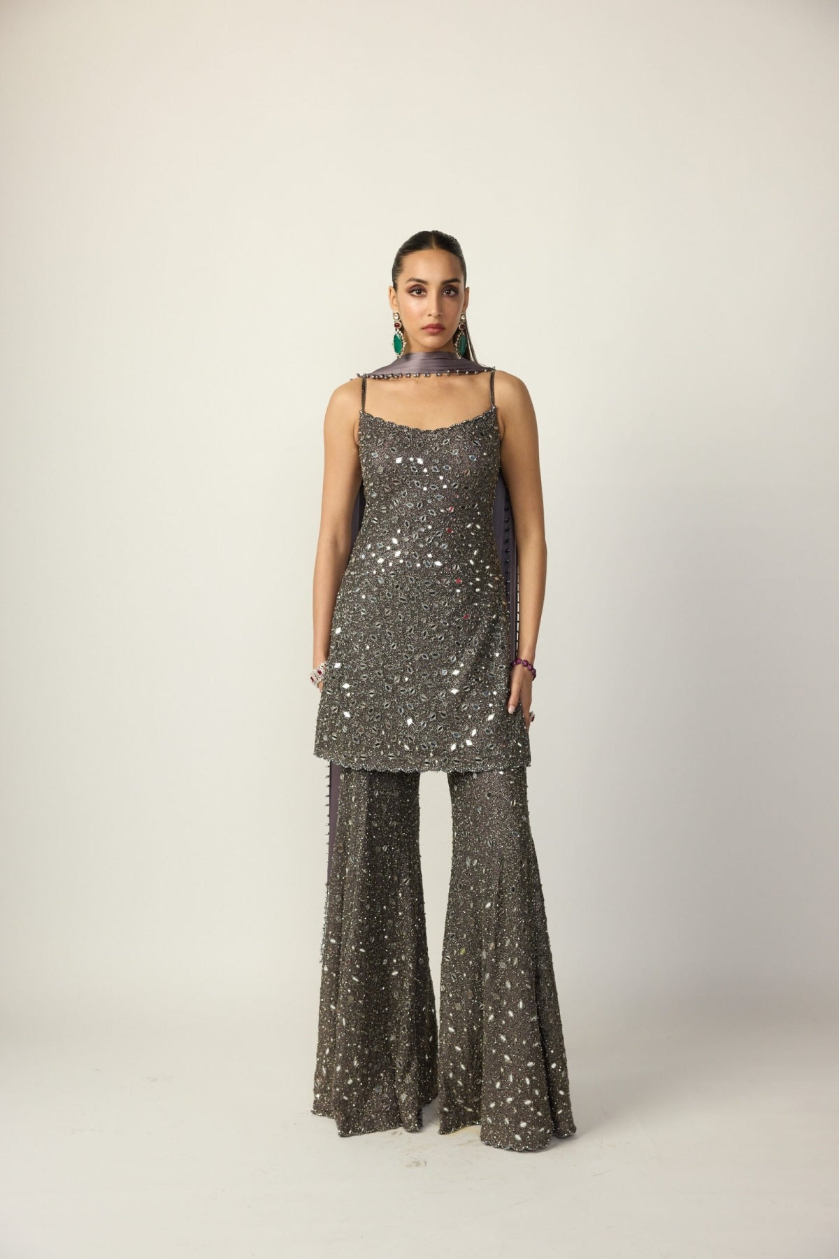 Metallic Grey Sharara With Kurta Set - Vvani