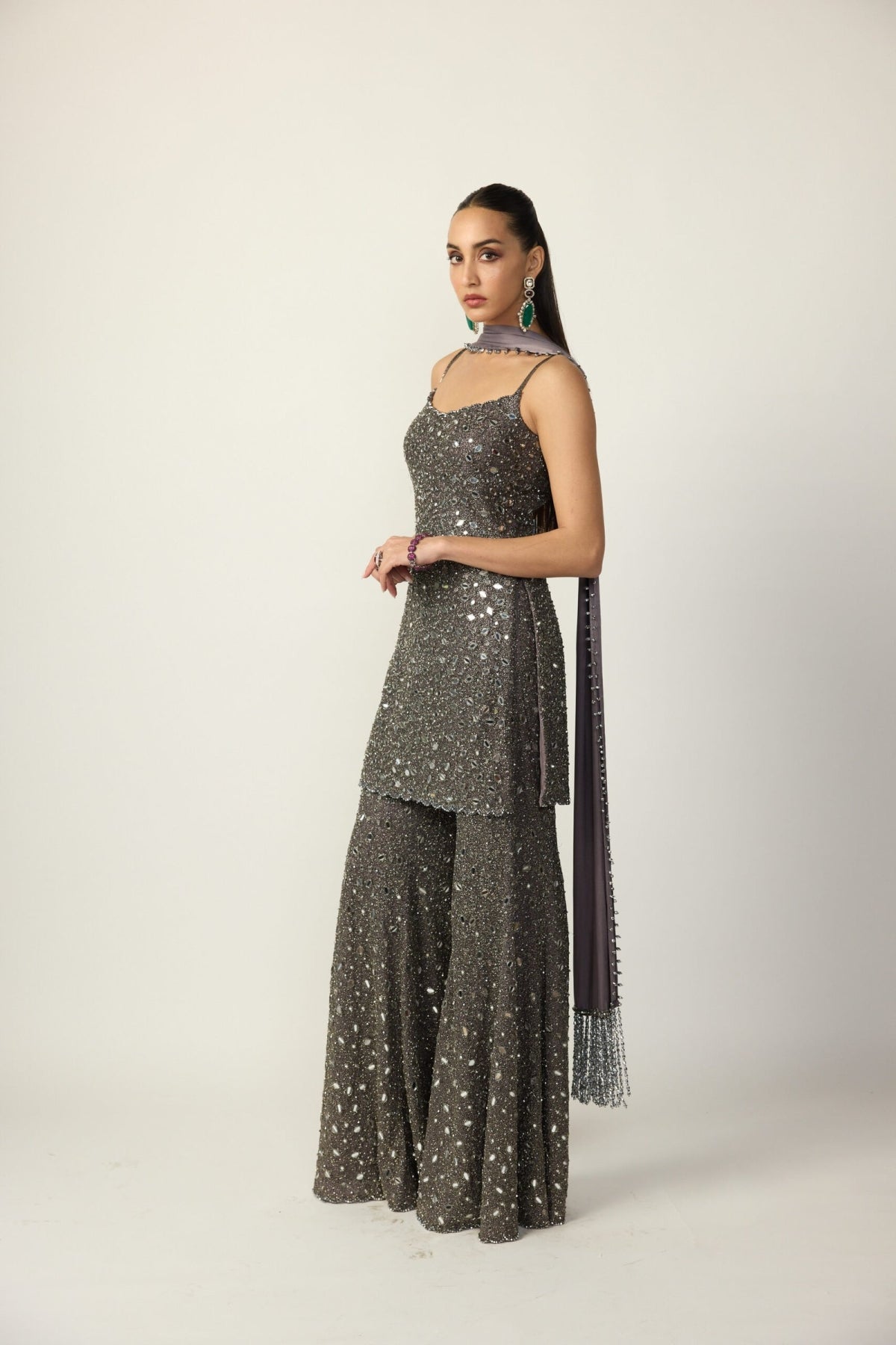 Metallic Grey Sharara With Kurta Set - Vvani
