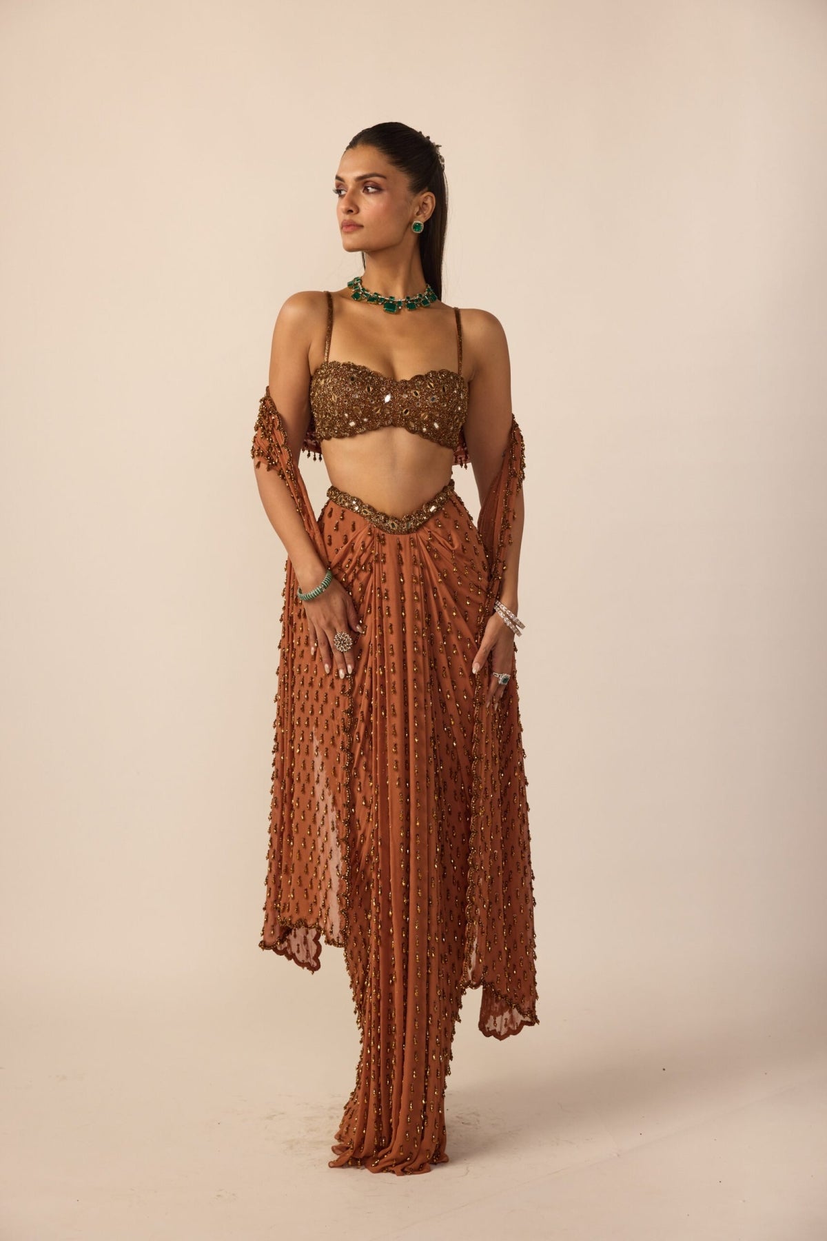 Metallic Copper Single Drop Skirt Set - Vvani