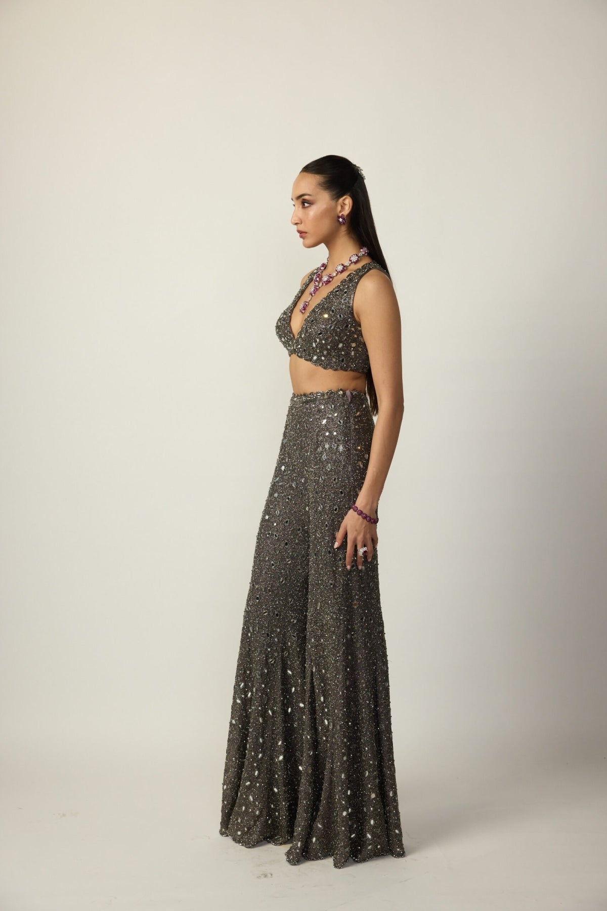 Metallic Grey Blouse Sharara Pant Set - Vvani