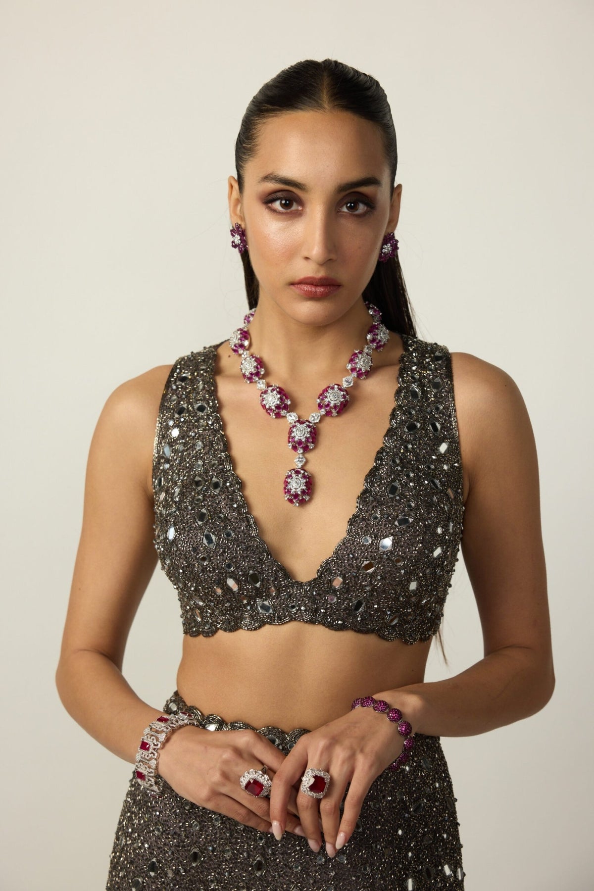 Metallic Grey Blouse Sharara Pant Set - Vvani