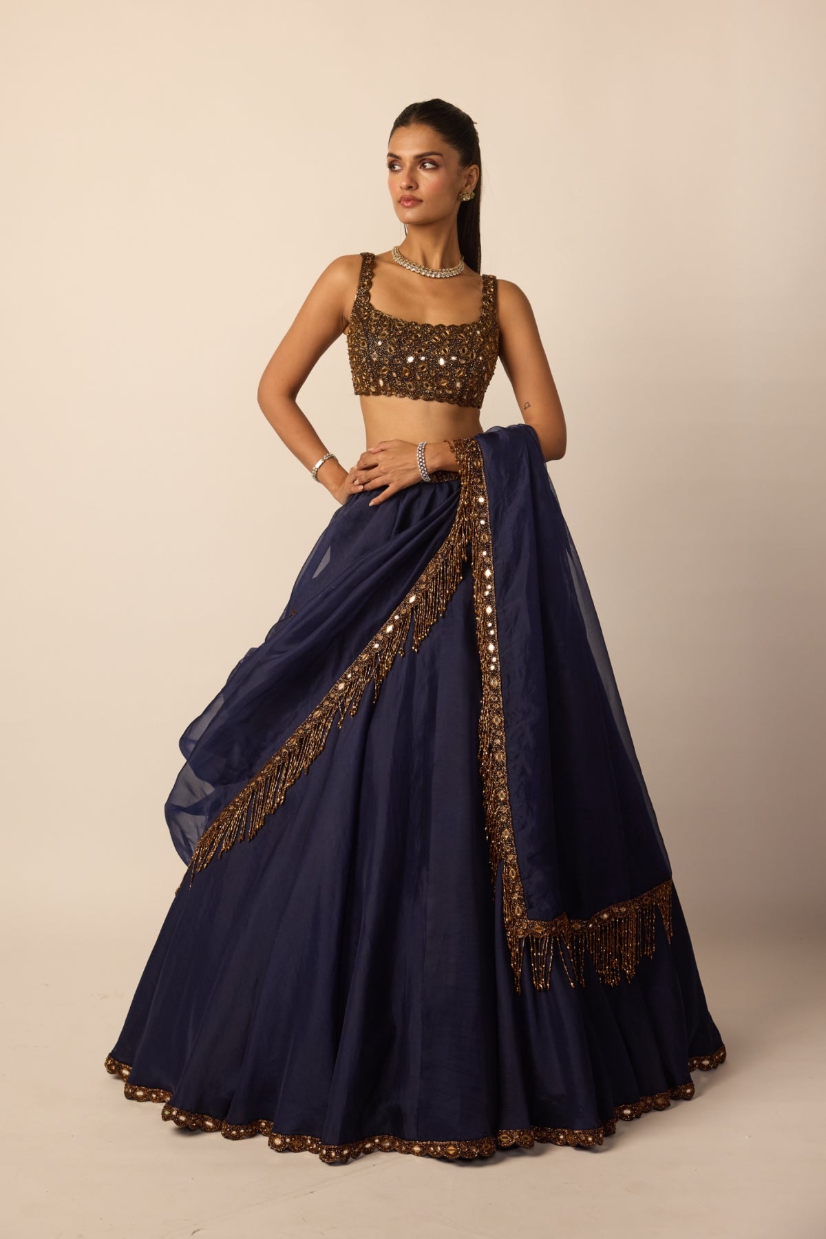 Deep Blue Tassel Dupatta Lehenga Set - Vvani