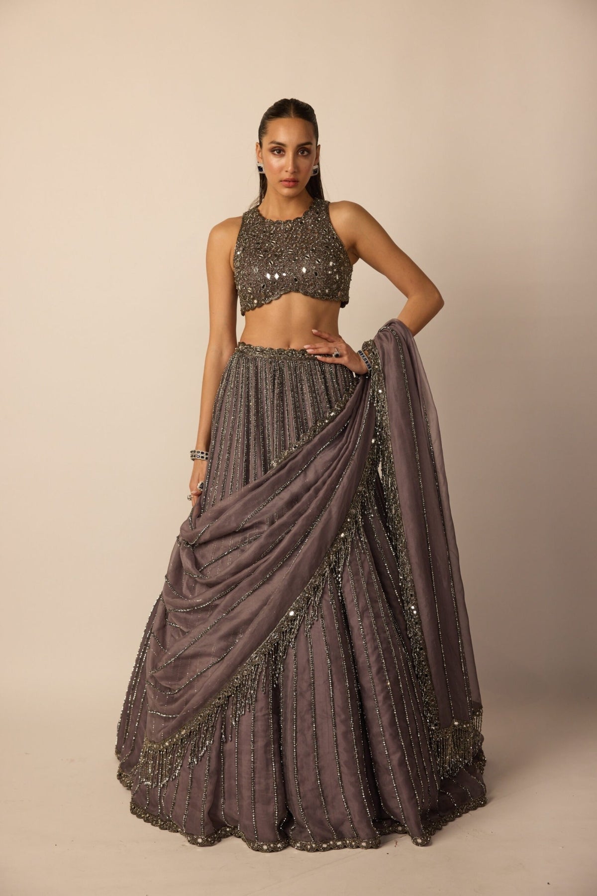 Metallic Grey Linear Lehenga Set - Vvani