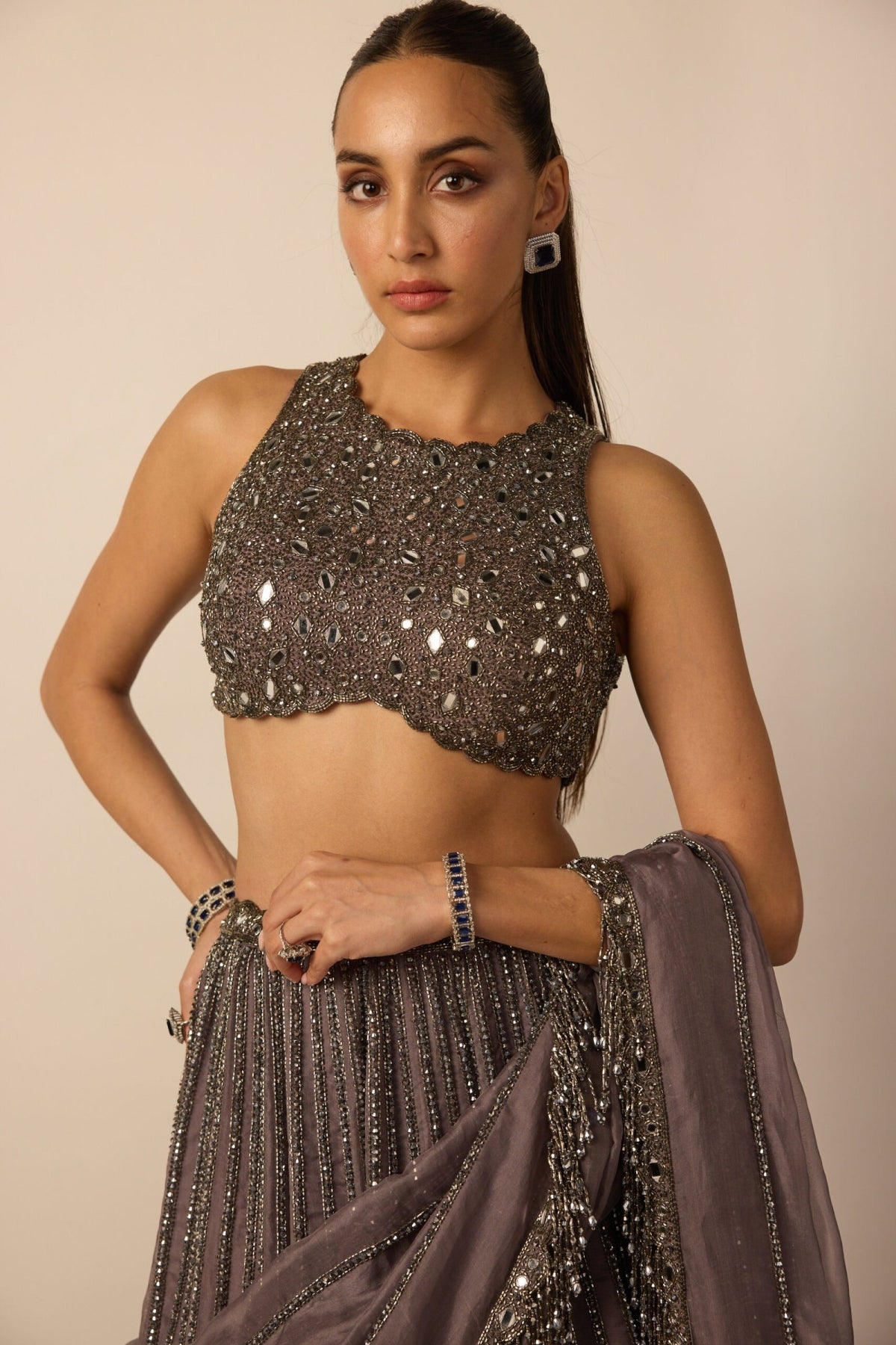 Metallic Grey Linear Lehenga Set - Vvani