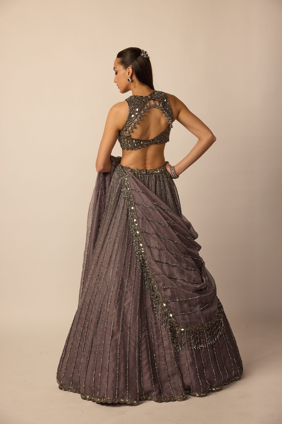 Metallic Grey Linear Lehenga Set - Vvani