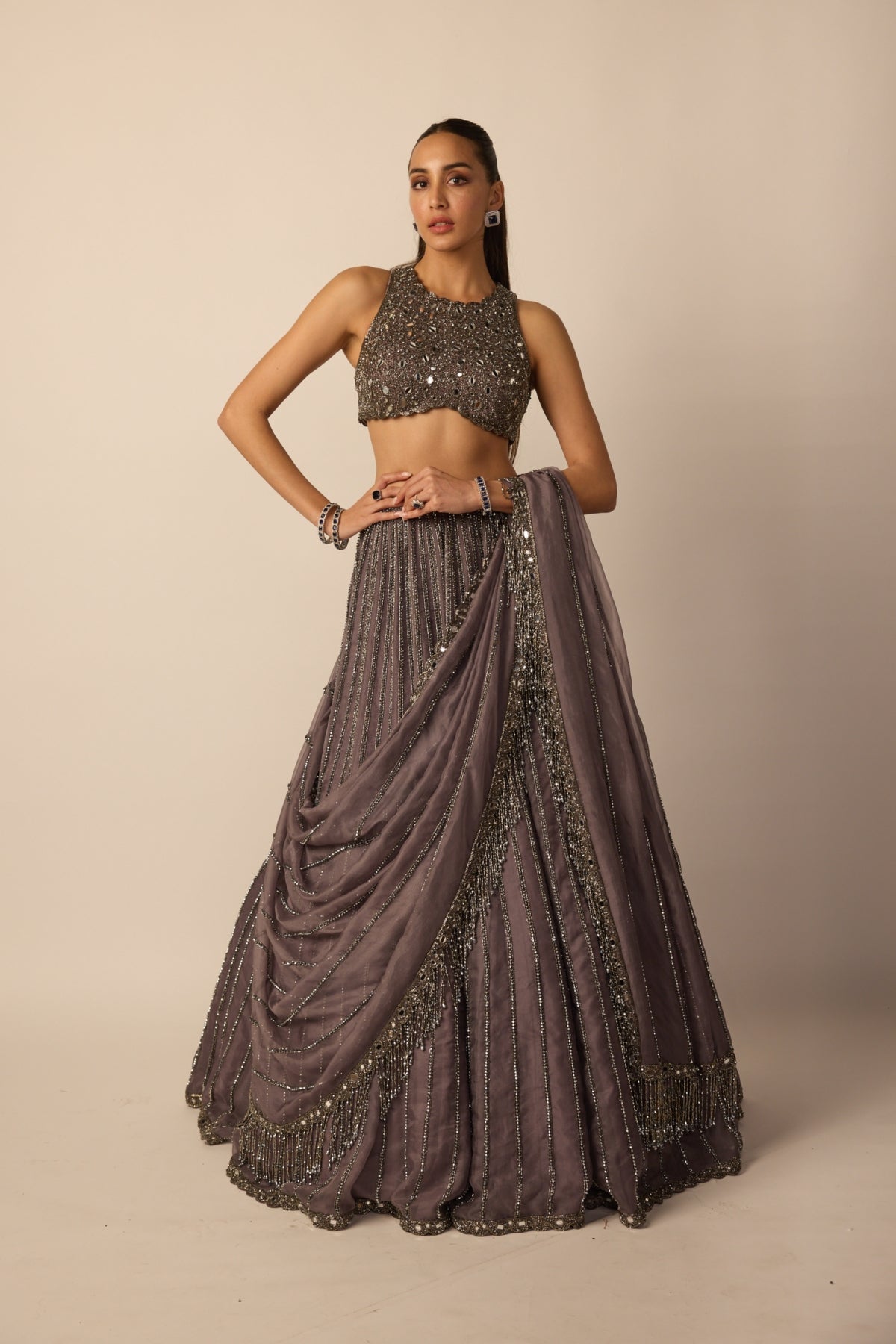 Metallic Grey Linear Lehenga Set - Vvani