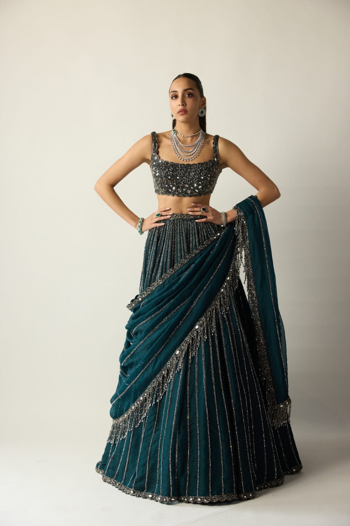 Dark Teal Linear Lehenga Set - Vvani