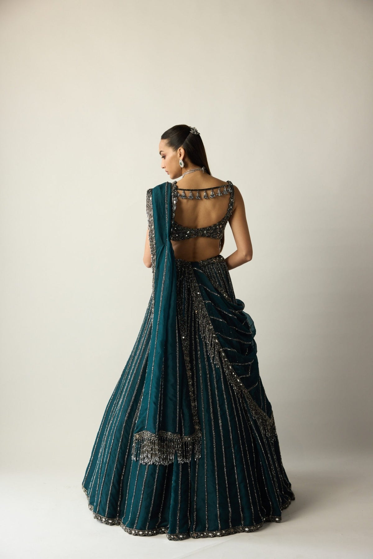 Dark Teal Linear Lehenga Set - Vvani