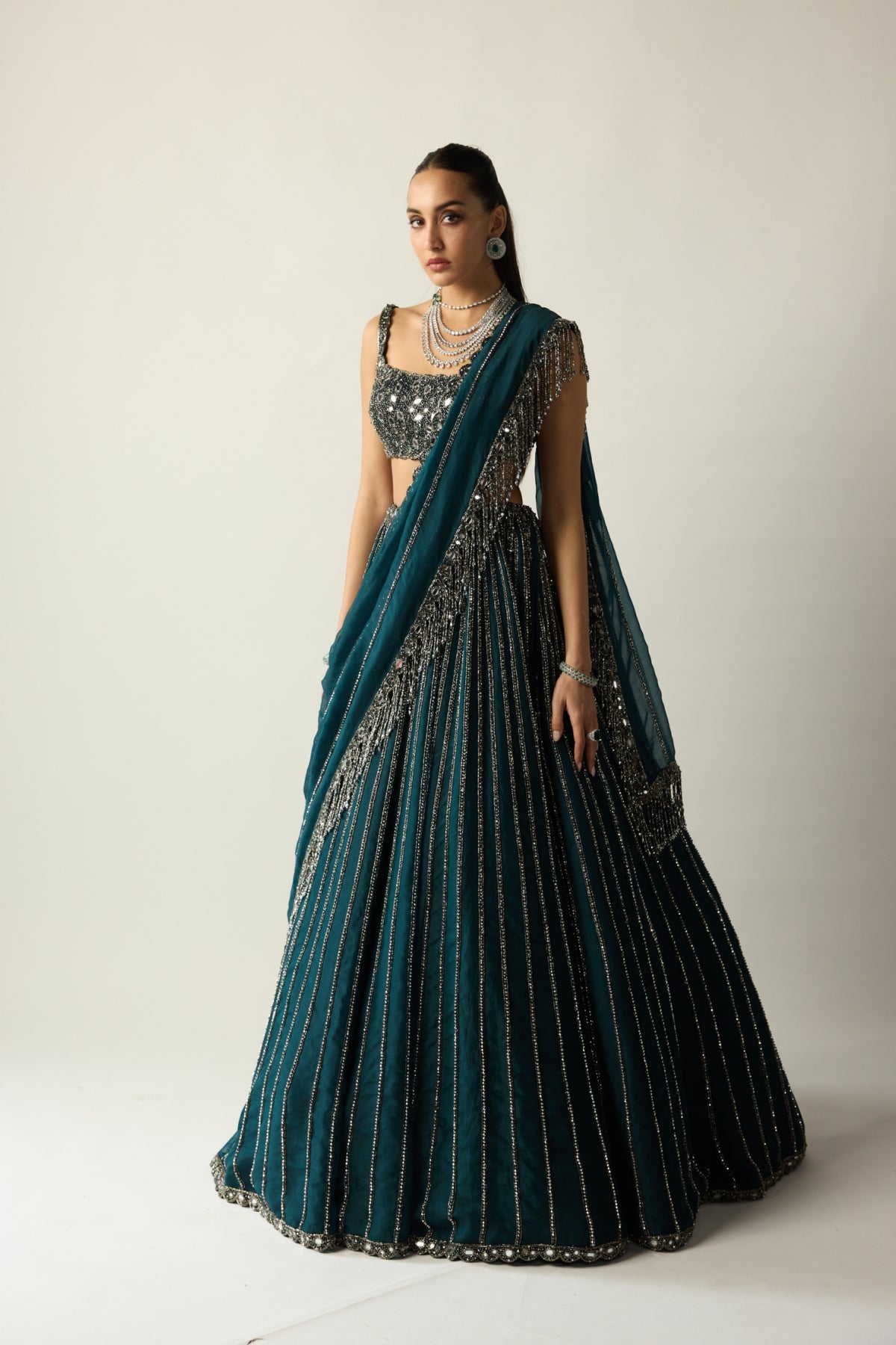 Dark Teal Linear Lehenga Set - Vvani