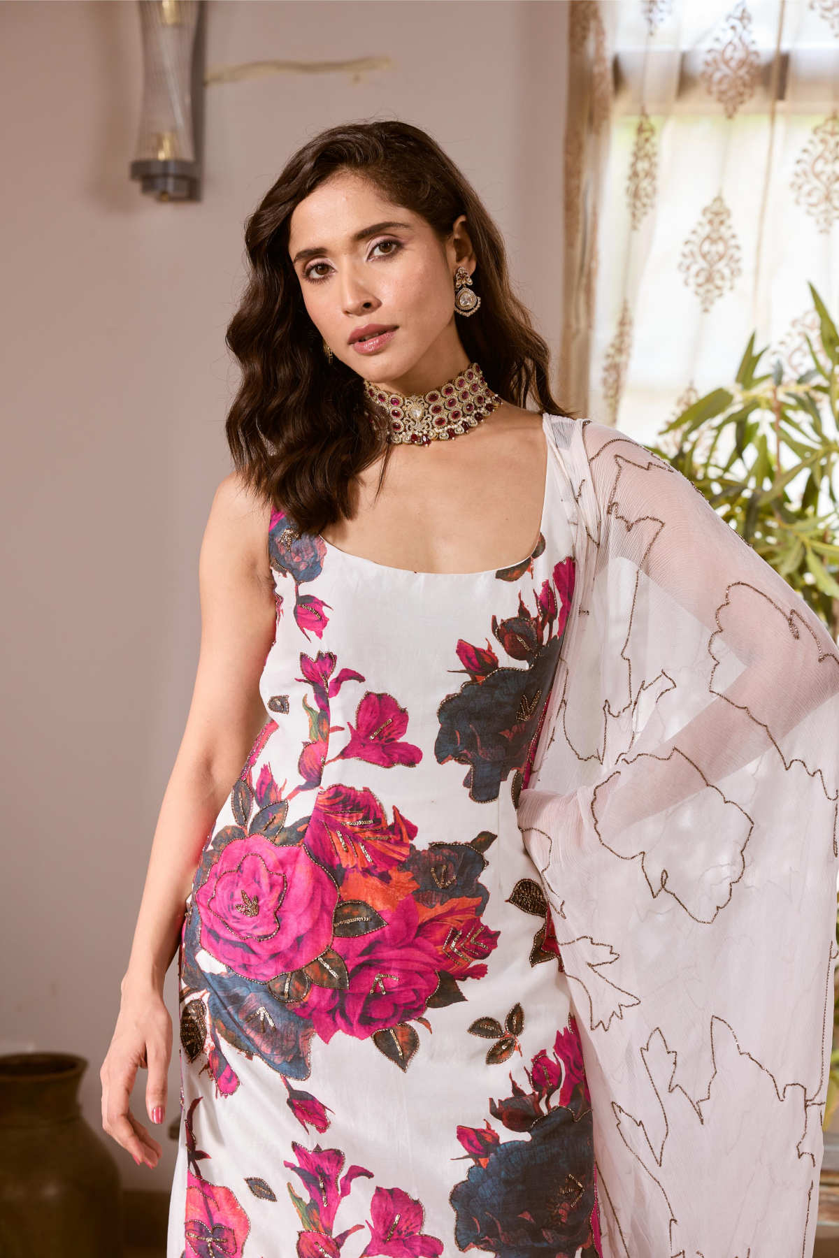 WHITE & PINK CHIFFON FLORAL KURTI