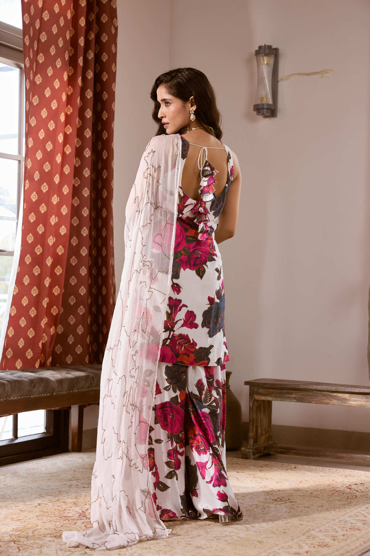 WHITE & PINK CHIFFON FLORAL KURTI