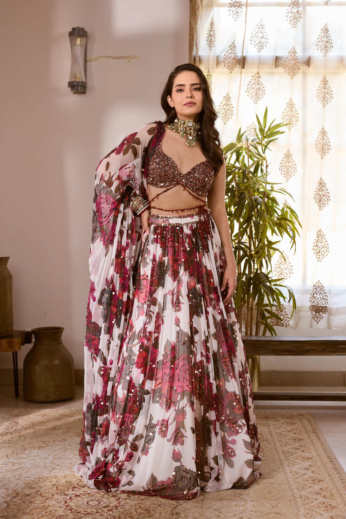 WHITE & PINK CHIFFON FLORAL LEHENGA