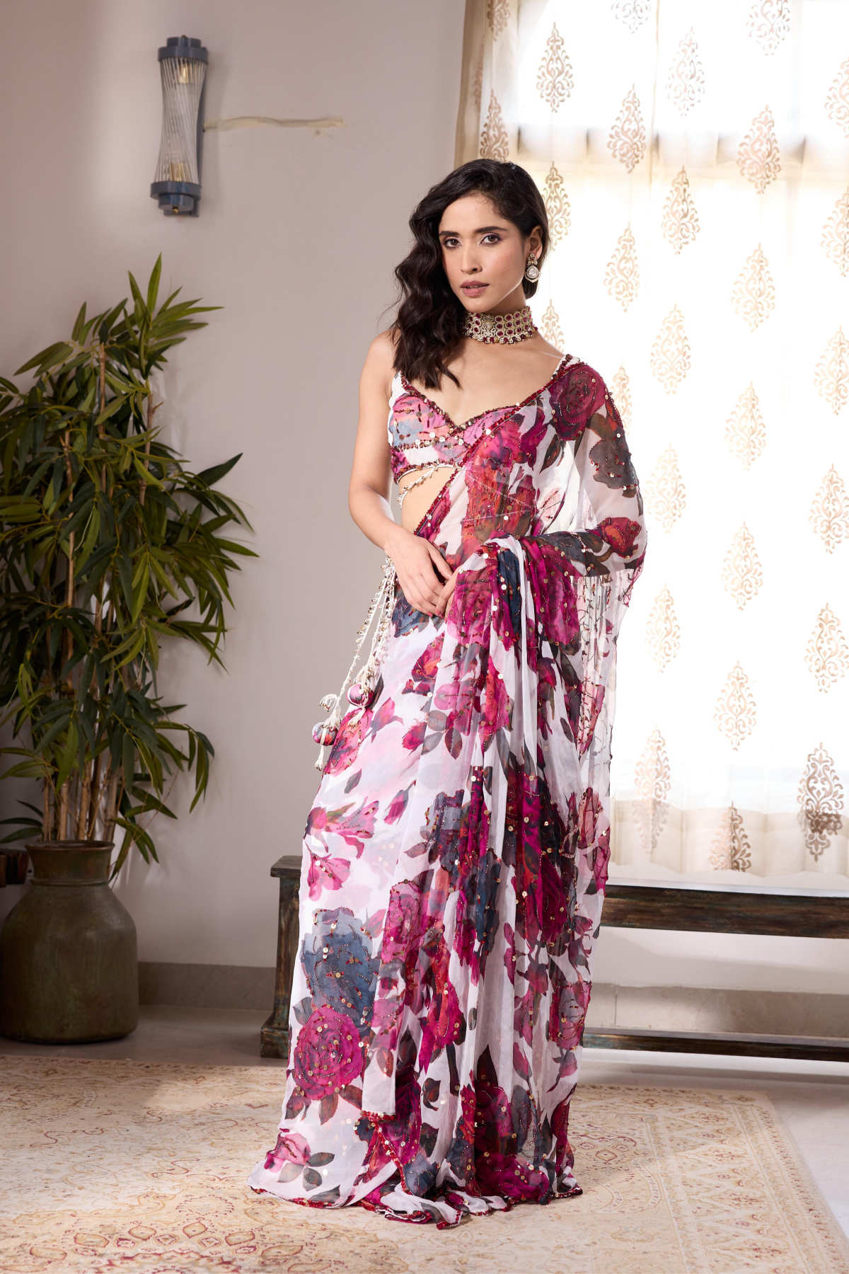 WHITE & PINK CHIFFON FLORAL SAREE