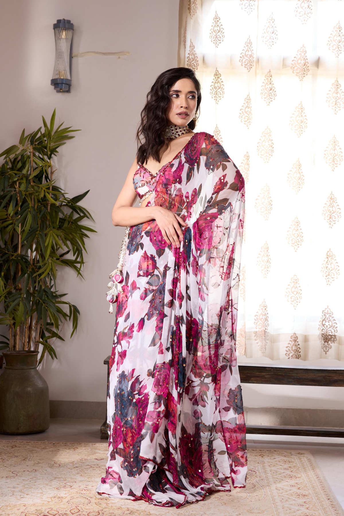 WHITE & PINK CHIFFON FLORAL SAREE