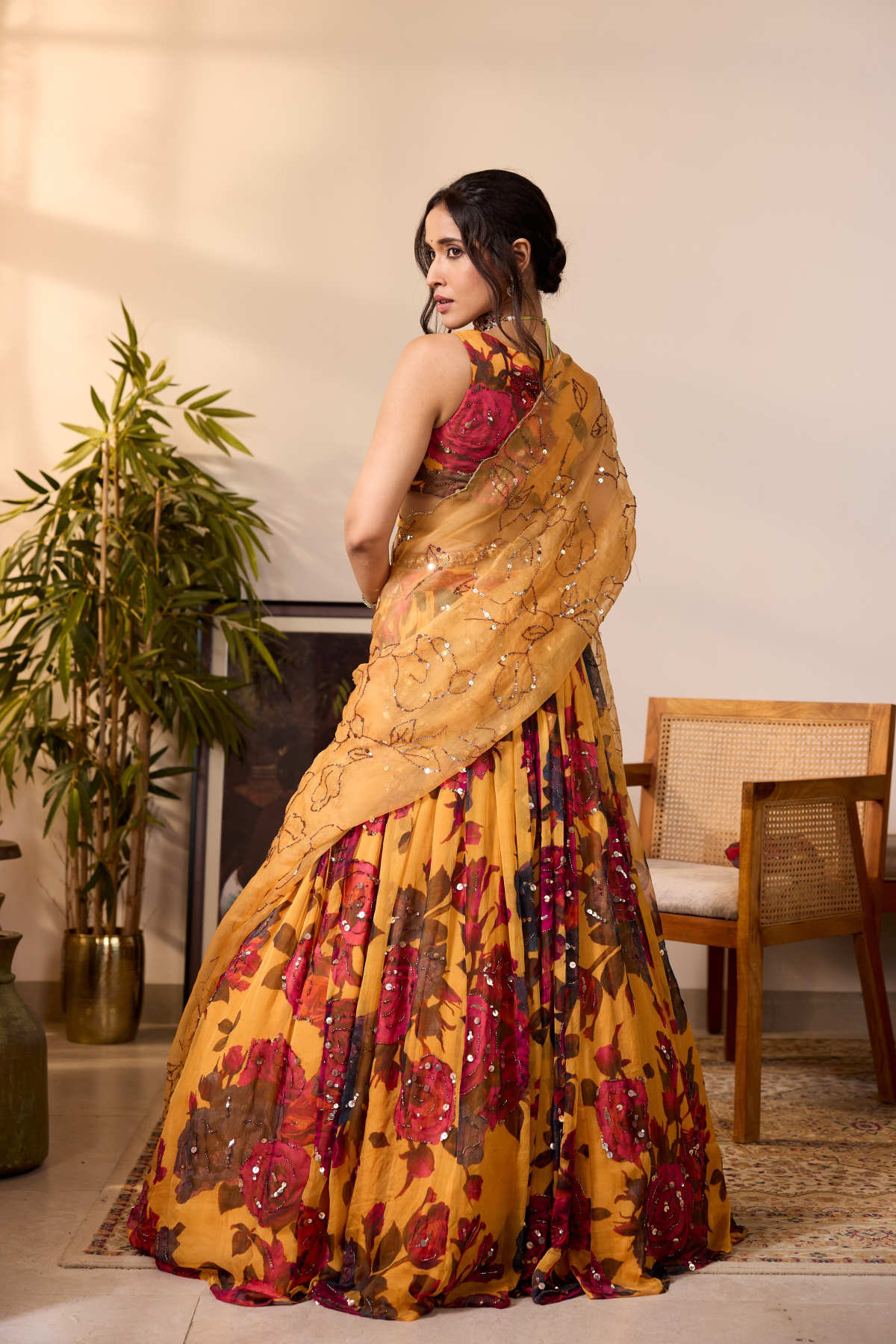 YELLOW CHIFFON FLORAL LEHENGA