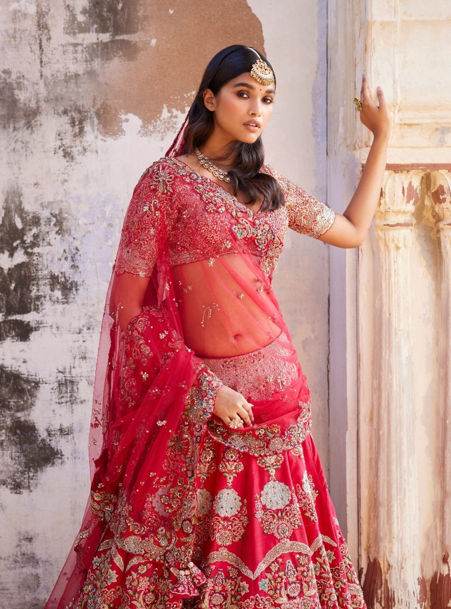 Thalia Red Raw Silk Bridal Lehenga