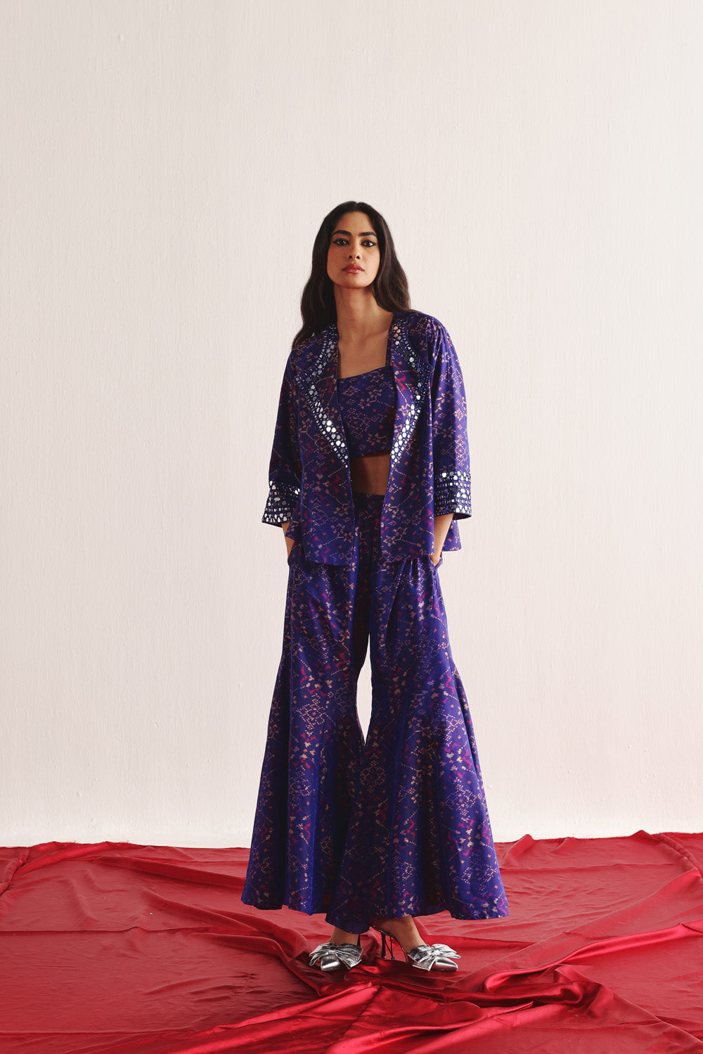 PURPLE PATOLA BLAZER WITH BOOTCUT AND BANDEAU SET