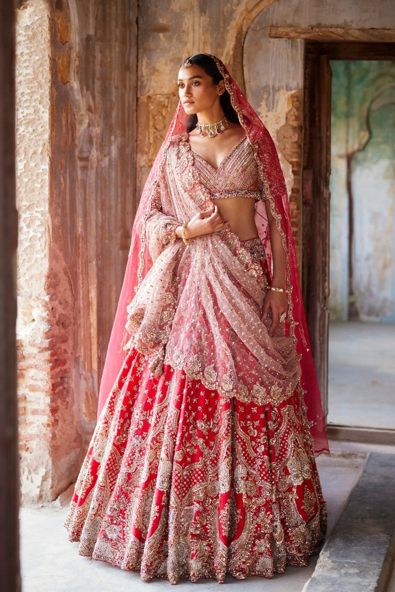 Eris Red Raw Silk Bridal Lehenga