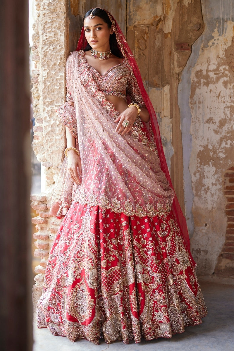 Eris Red Raw Silk Bridal Lehenga