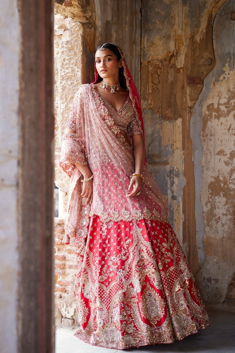 Eris Red Raw Silk Bridal Lehenga