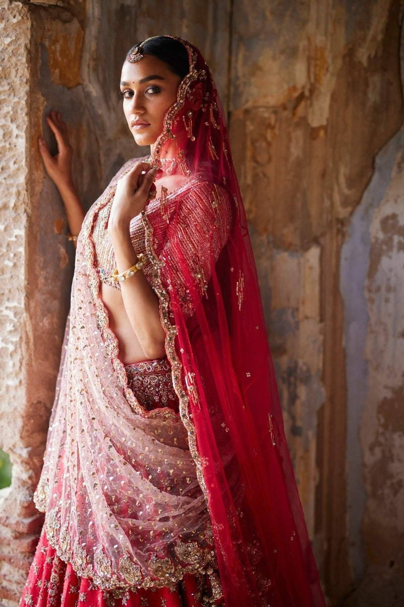 Eris Red Raw Silk Bridal Lehenga