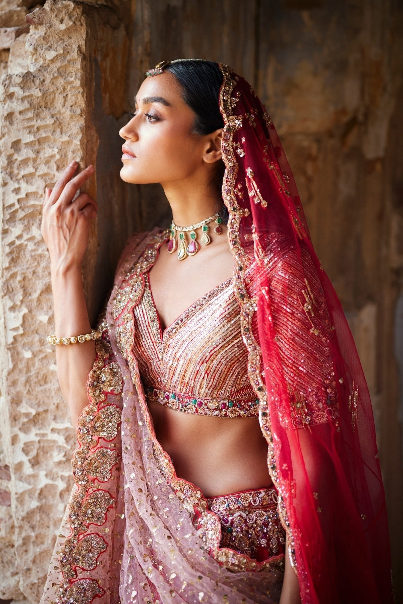 Eris Red Raw Silk Bridal Lehenga