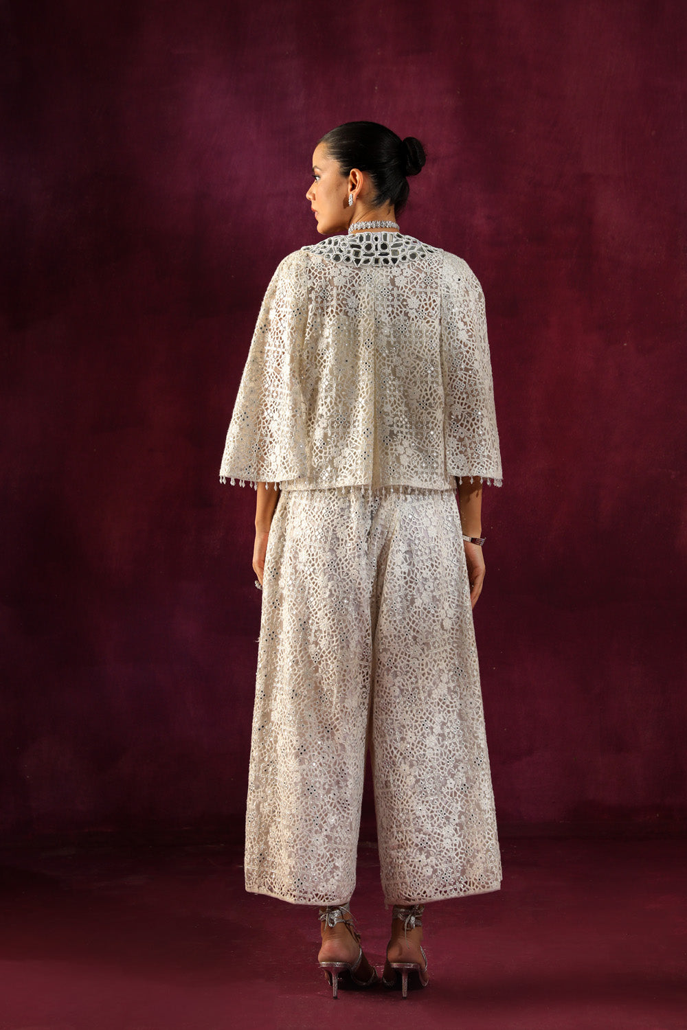 Lace Mirrorwork High Waist Ankle Length Flared Palazzos