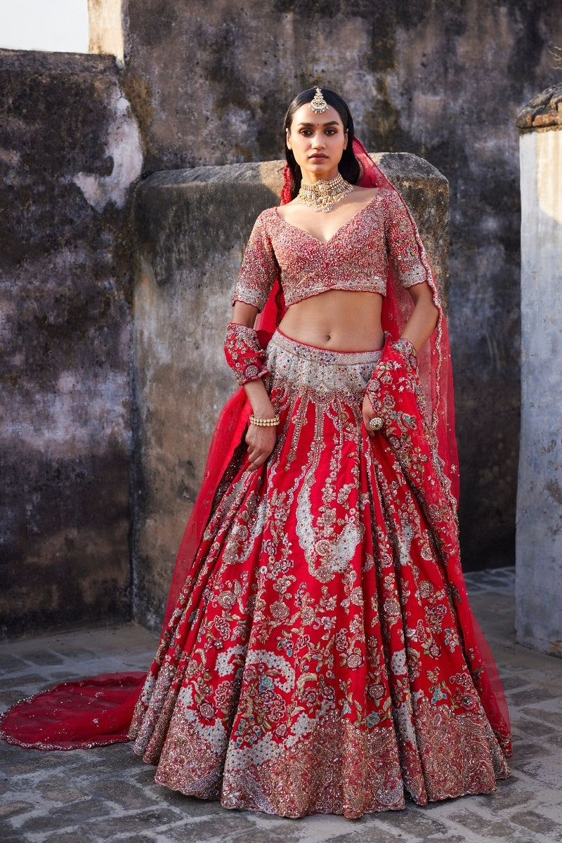 Lillian Red Raw Silk Bridal Lehenga Set